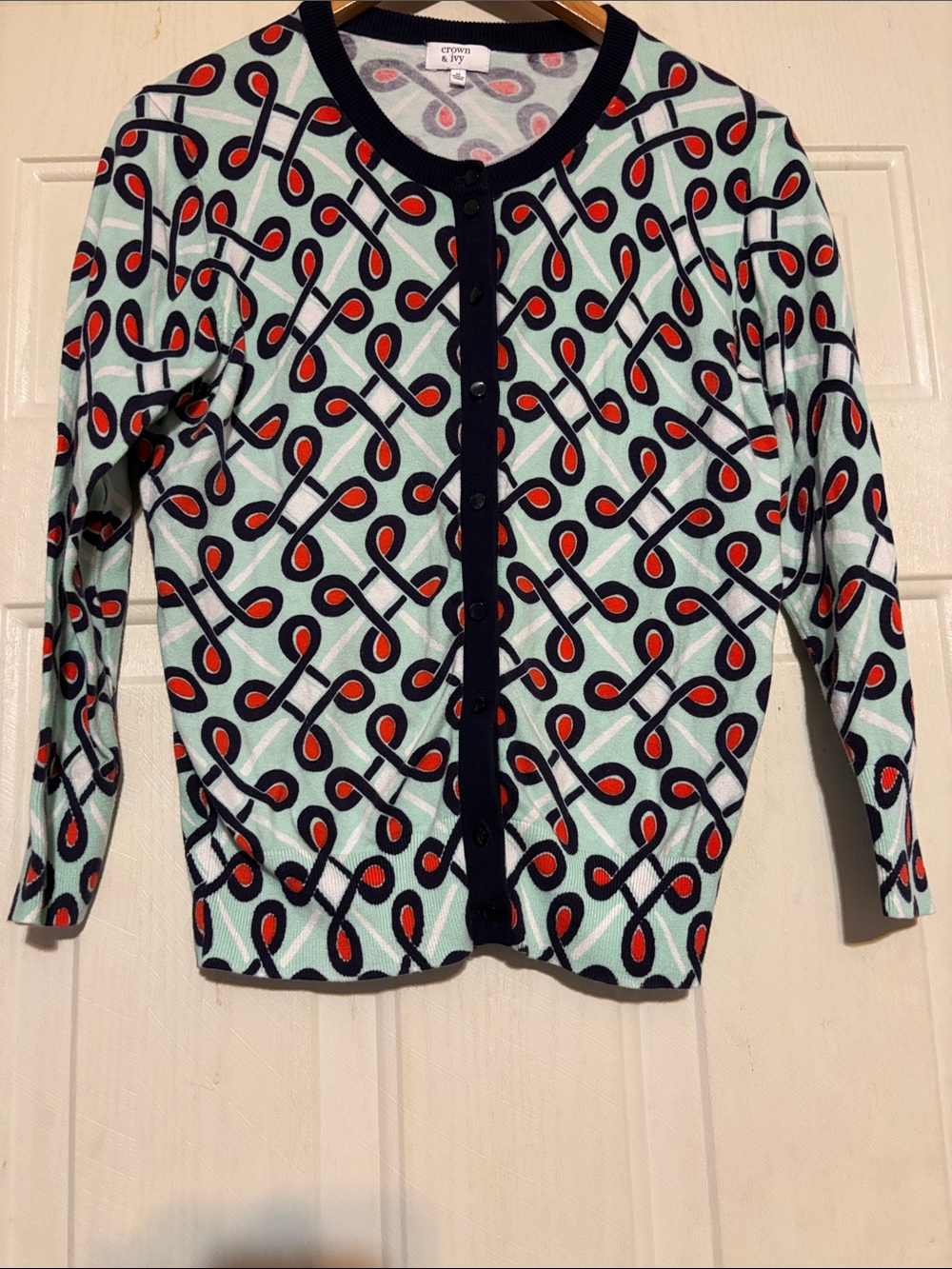 crown & ivy Mint Navy Red Graphic-Loop Cardigan